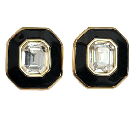Monet Black Enamel Clear Crystal Faceted Rhinestone Center Clip-On Earrings - Picture 1 of 10